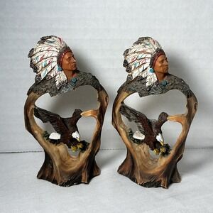 Vintage Native American Chief With Bald Eagle Set Of 2 Standing Figurines